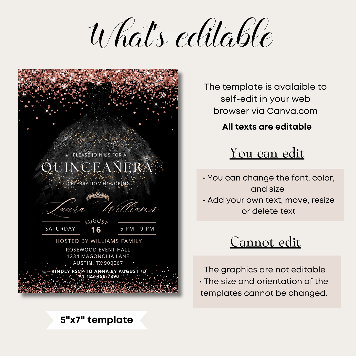 Black and Rose Gold Glitter Princess Quinceañera Invitation