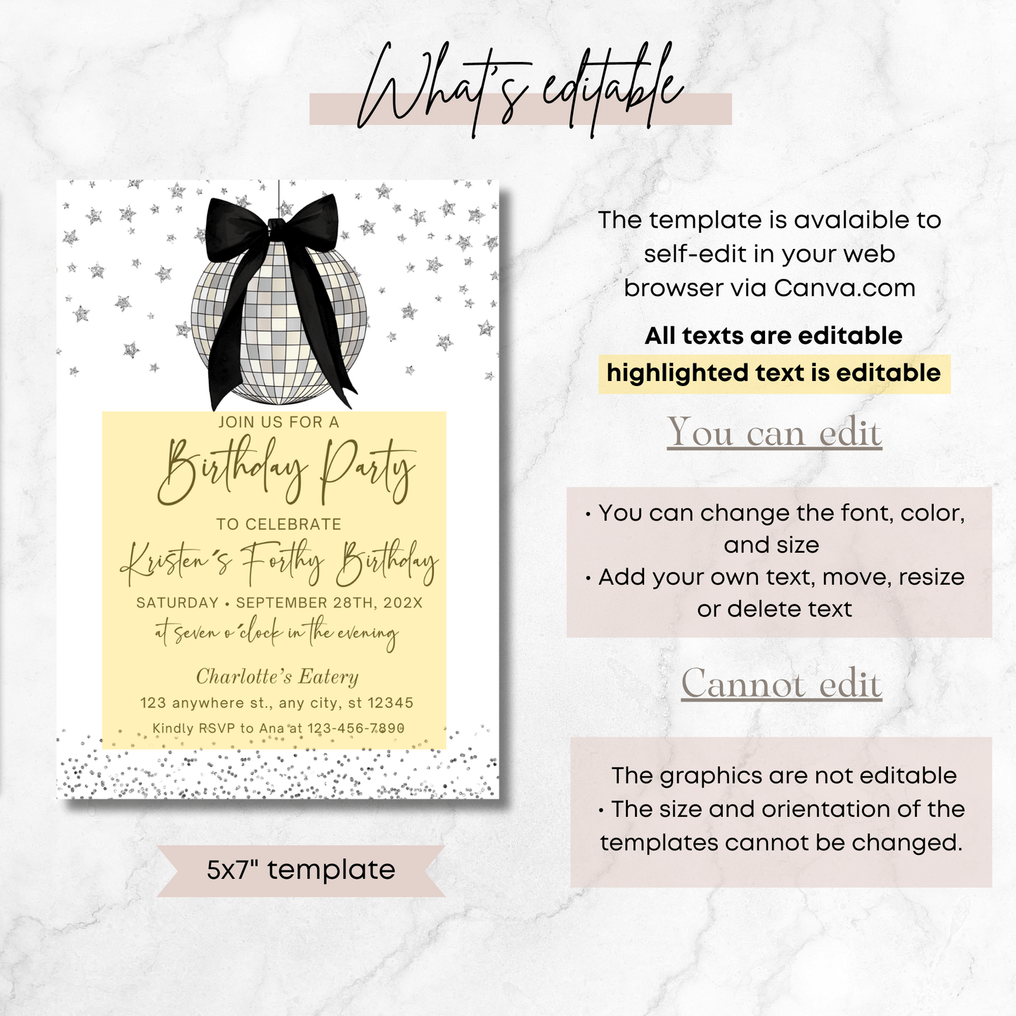 Editable Silver Disco ball Invitation