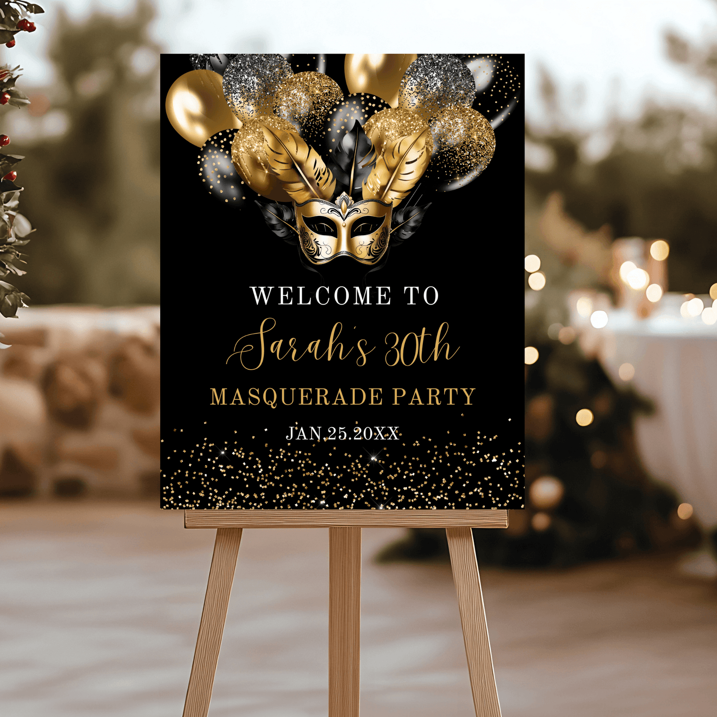 Elegant Gold Glitter Masquerade Party Welcome sign