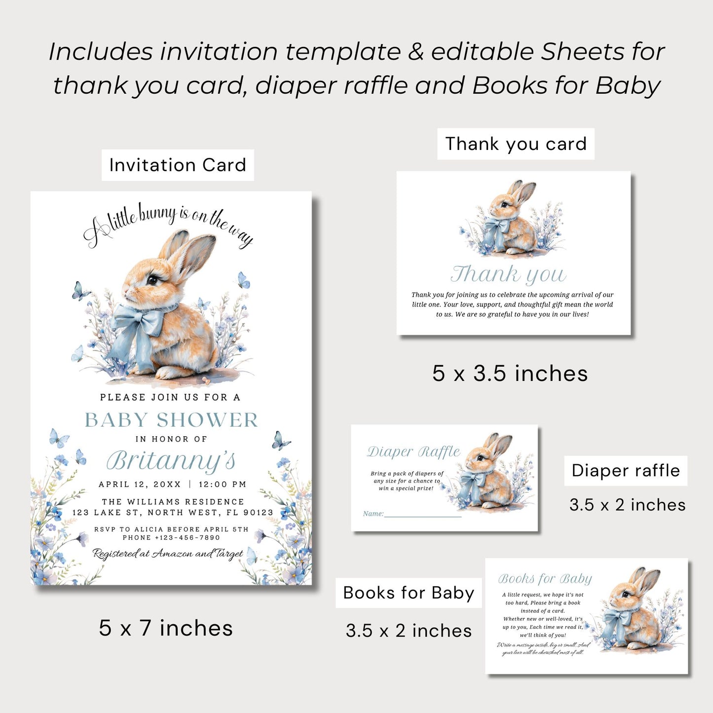 Baby shower invitation set with editable thank you card, diaper raffle, and books for baby on a white background.