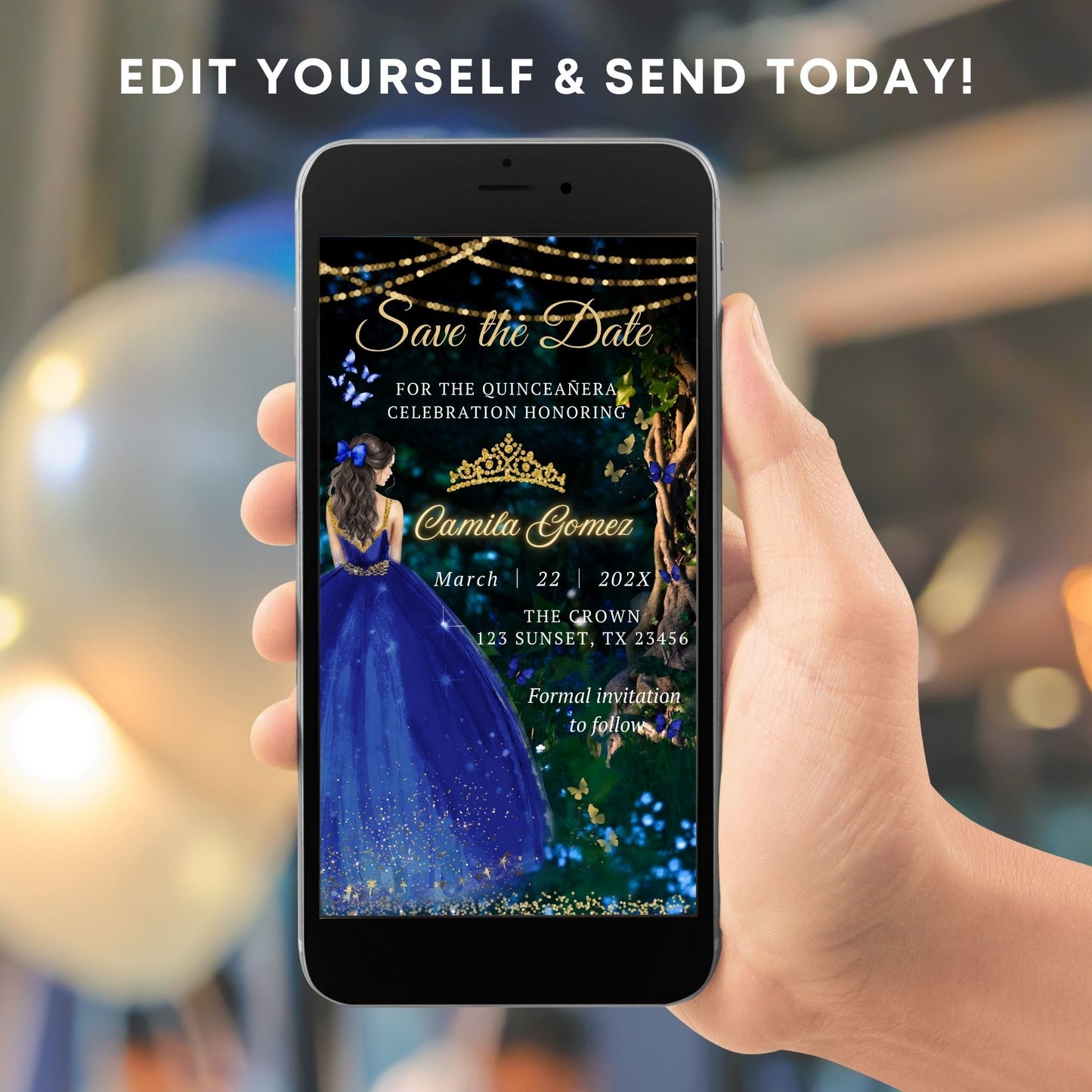 Hand holding a phone displaying a 'Save the Date' invitation for a quinceañera celebration.