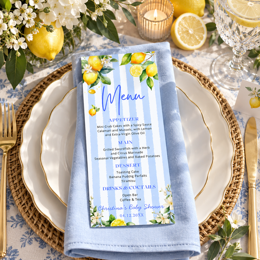 Editable Ciao Baby Citrus Lemon Menu Card featuring vibrant lemon motifs and a stylish blue striped design.