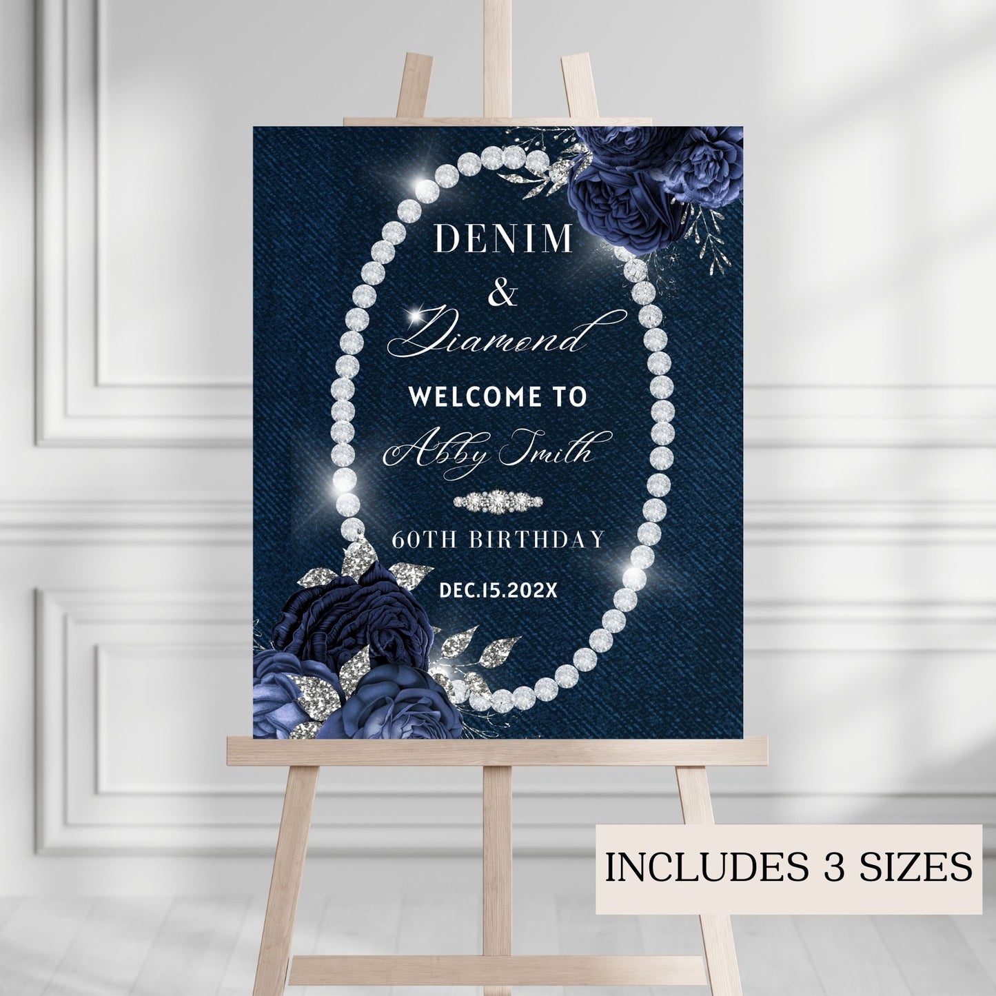 Decorative sign with denim and diamond theme on an easel against a white wall.