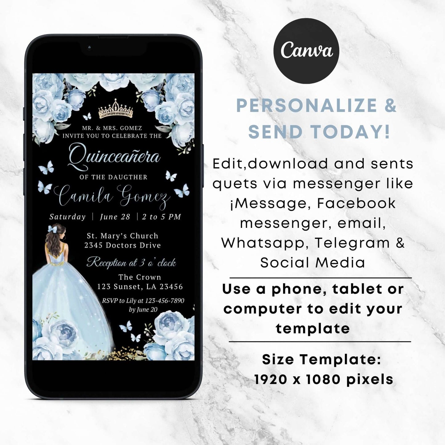 Elegant Dusty Blue Quinceañera Invitation, Mis Quince 15 Años Baby Blue Floral Princess Party Invite, Instant Download
