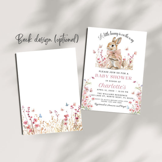 Baby shower invitation with a bunny and wildflower design on a gray background