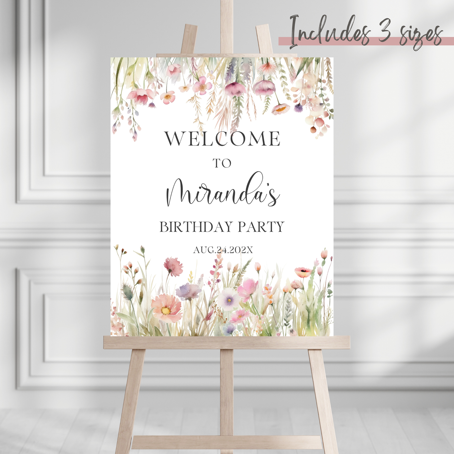 editable watercolor wildflowers birthday welcome sign