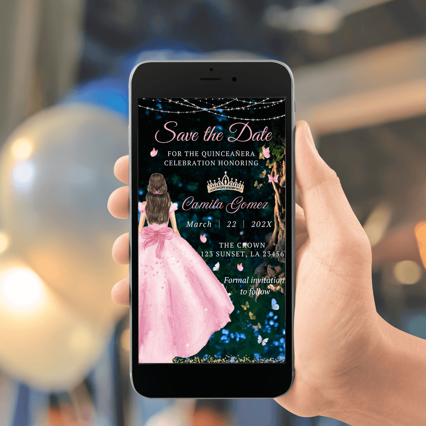 Enchanted Forest Pink Quinceanera Save the date