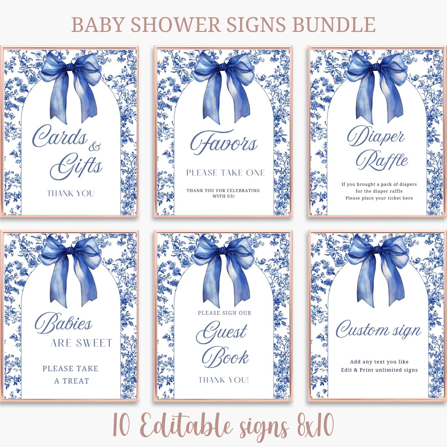 Baby shower signs bundle with Royal blue bows and floral patterns on a white background.