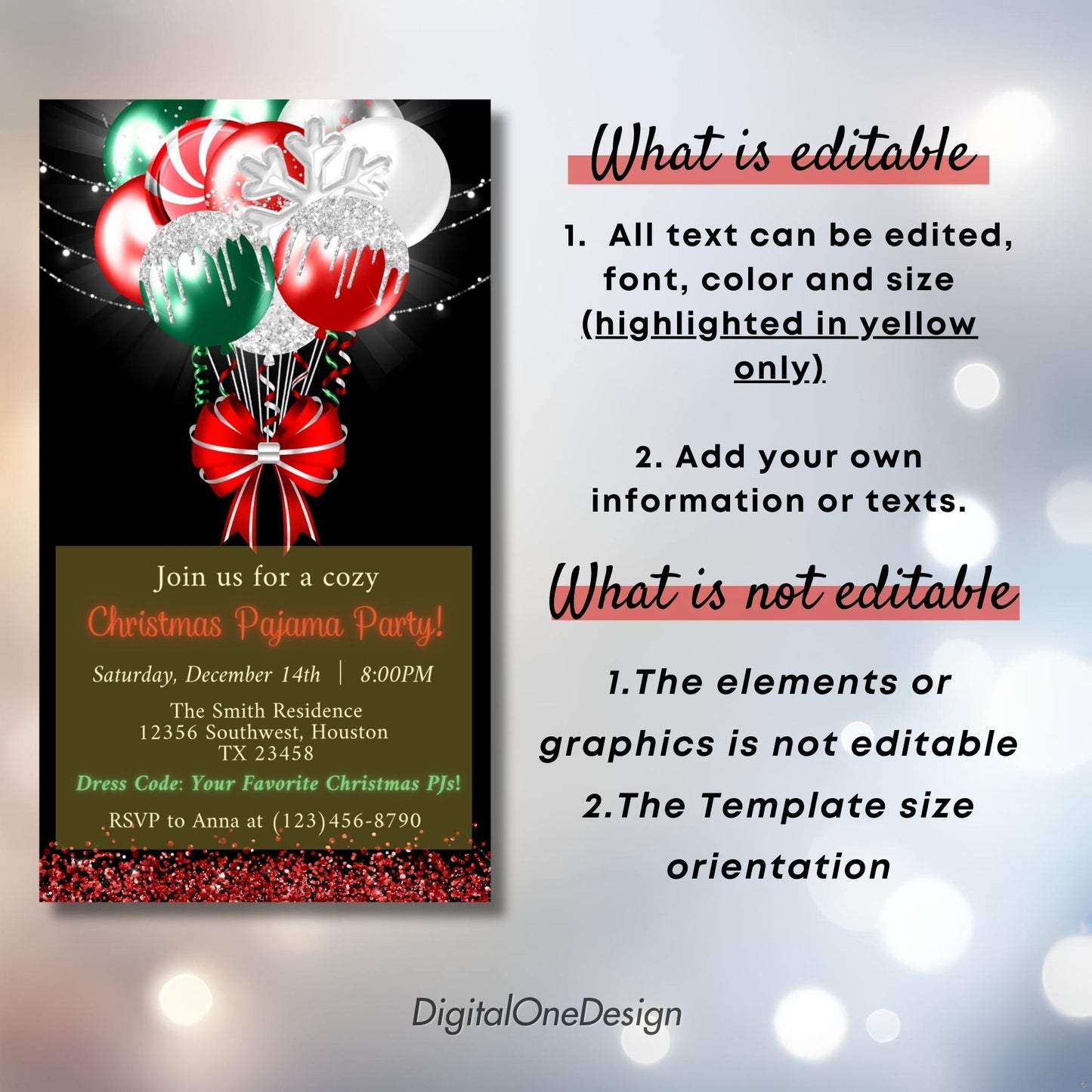 Christmas Pajama Party Invitation with Candy Cane Balloons