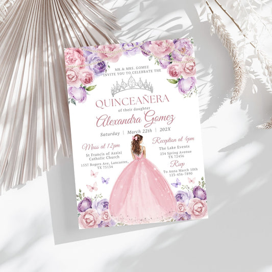 Quinceañera invitation with floral design and pink dress on a white background