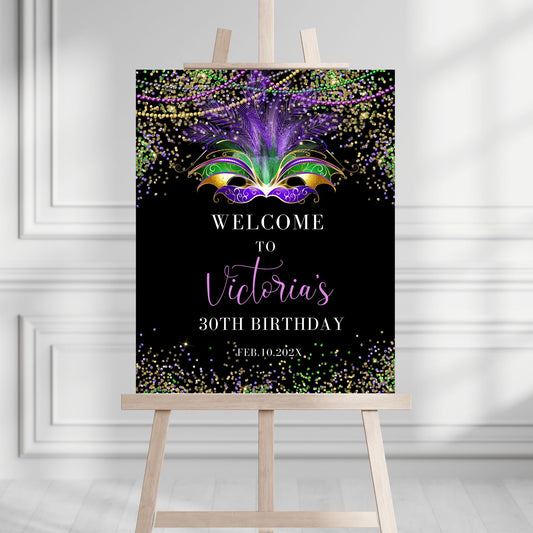 Editable Mardi Gras Theme Welcome Sign Birthday Party Decor featuring purple and gold design for a 30th birthday.