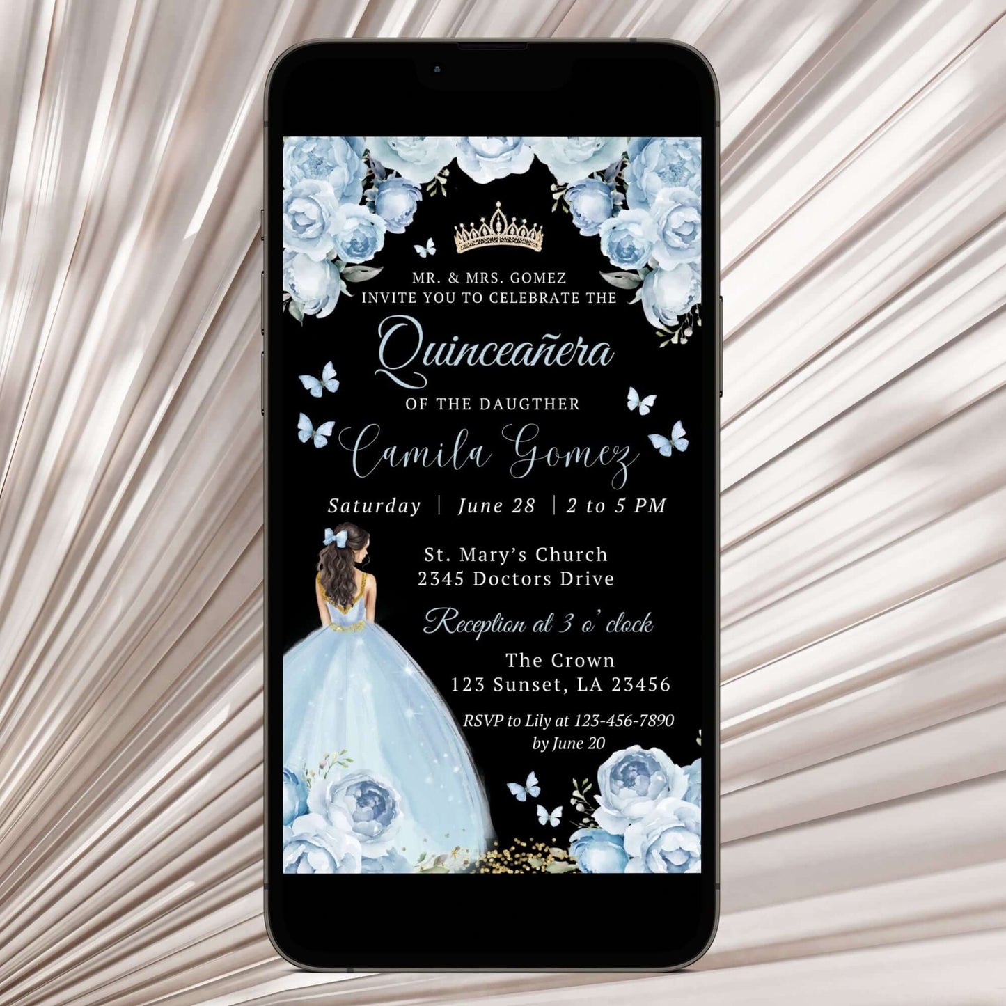 Elegant Dusty Blue Quinceañera Invitation, Mis Quince 15 Años Baby Blue Floral Princess Party Invite, Instant Download