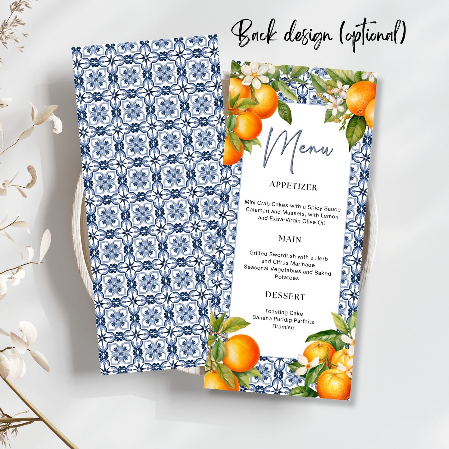 Menu with blue Tile floral pattern and orange-themed design on a white background