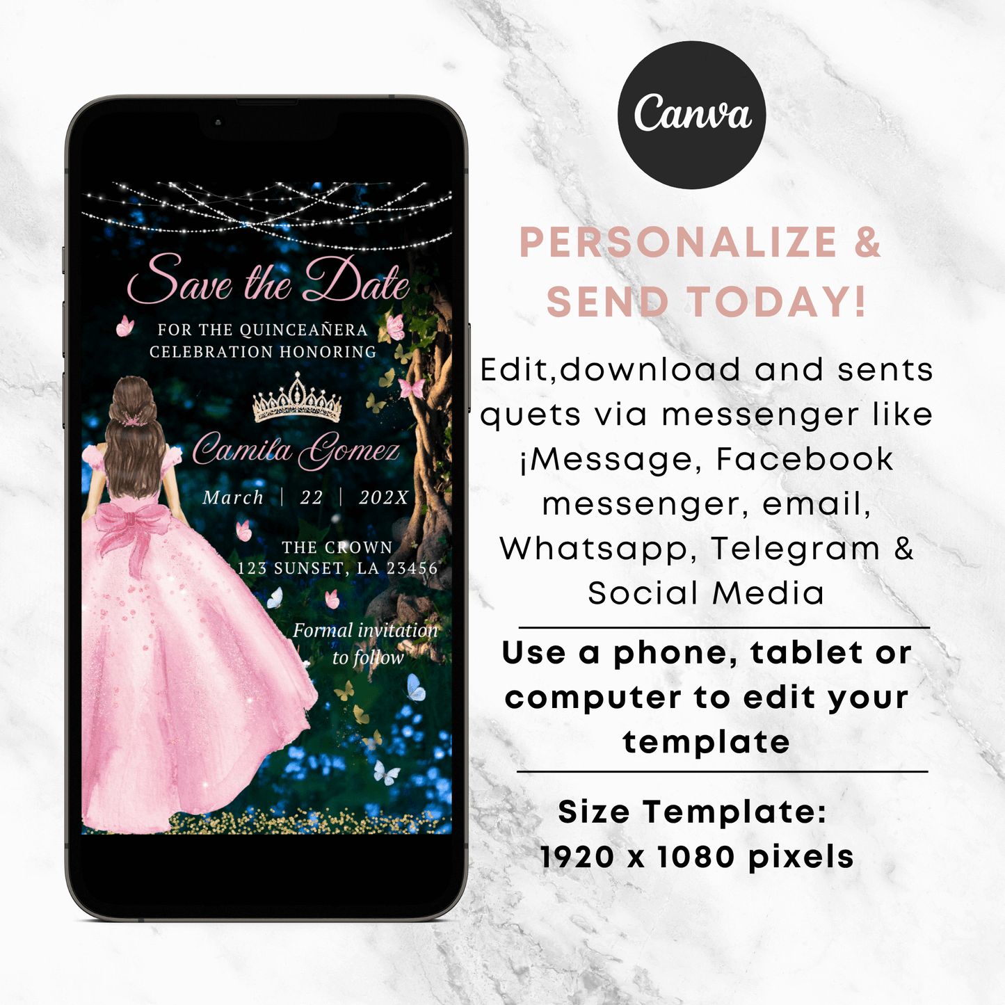Editable Enchanted Forest Quinceanera Save the Date Invitation