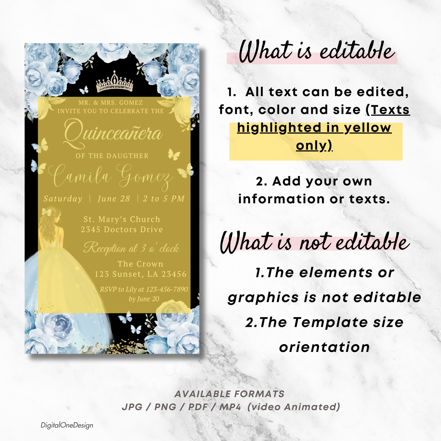 Elegant Dusty Blue Quinceañera Invitation, Mis Quince 15 Años Baby Blue Floral Princess Party Invite, Instant Download