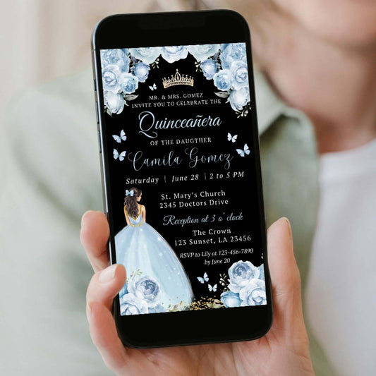 Elegant Dusty Blue Floral Quinceanera Party Invitation on a smartphone showcasing floral design details.
