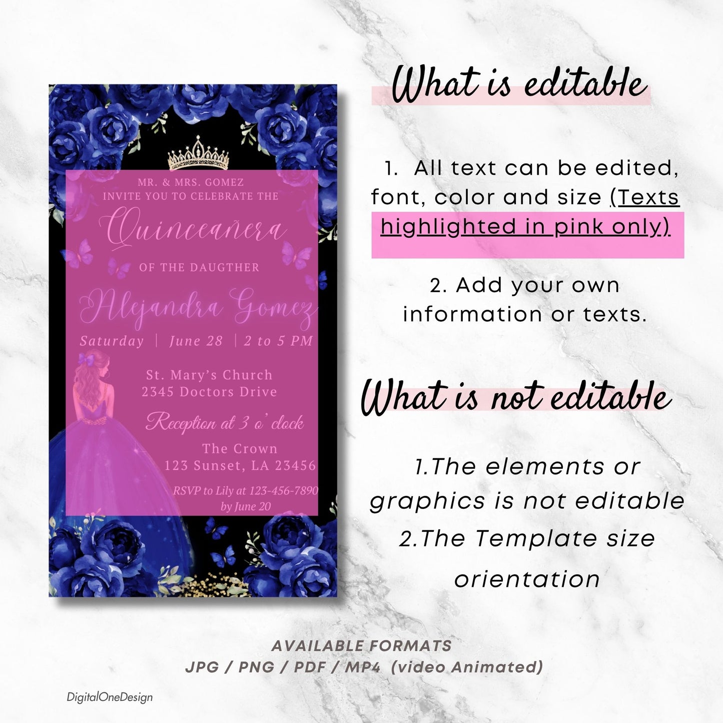 Editable quinceañera party invitation navy blue princess design