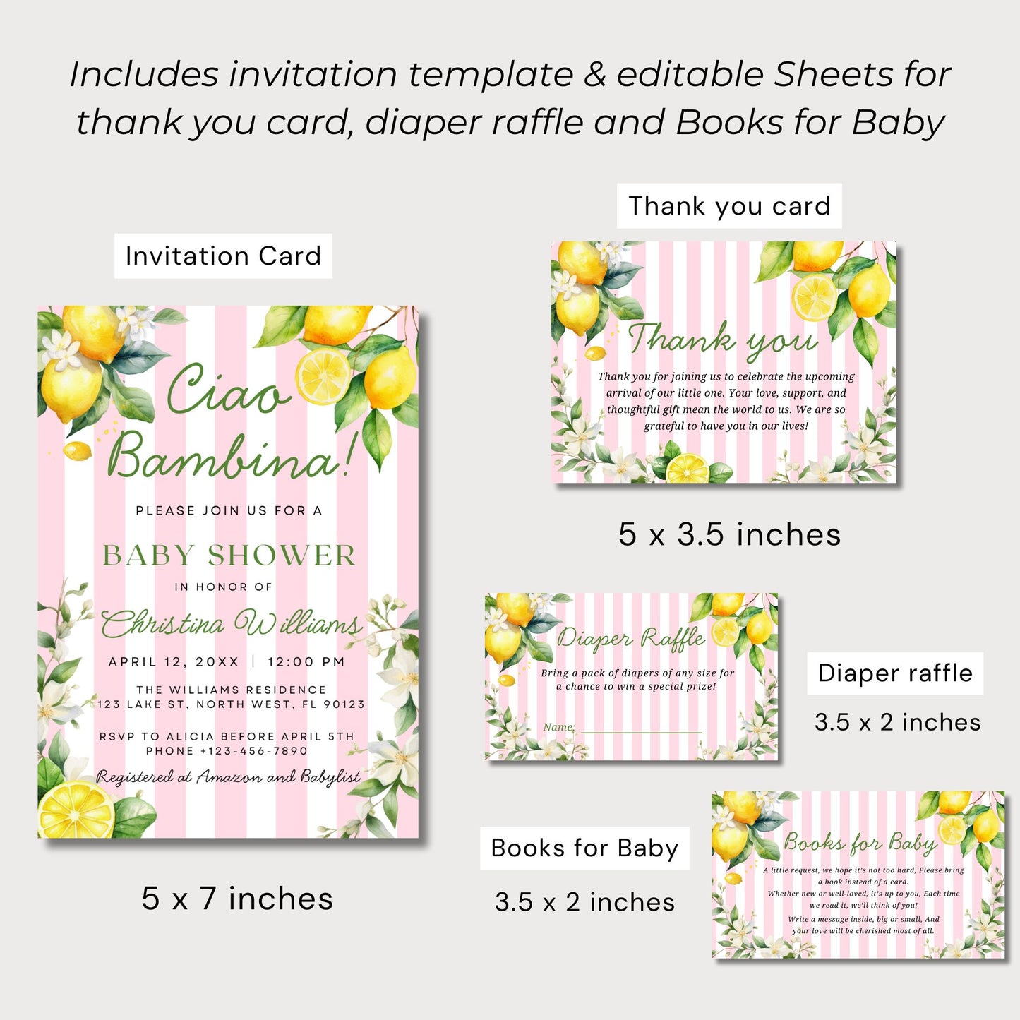Pink Citrus Lemon Ciao Bambina Baby Shower Invitation Set