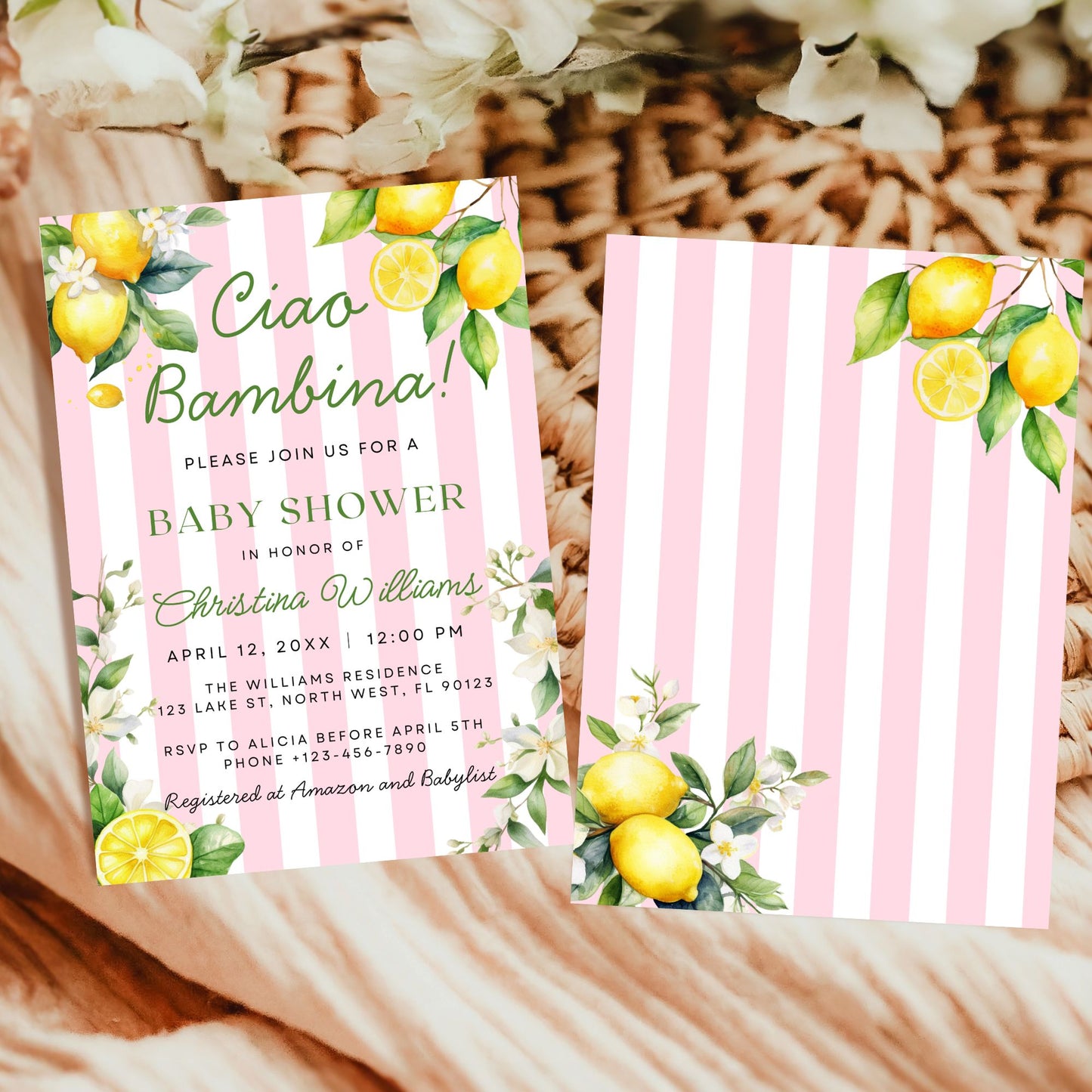 Pink Citrus Lemon Ciao Bambina Baby Shower Invitation Set