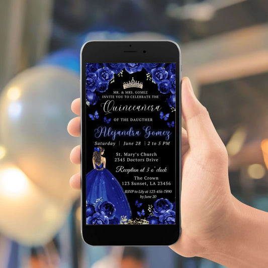 Editable navy blue princess quinceañera birthday invitation