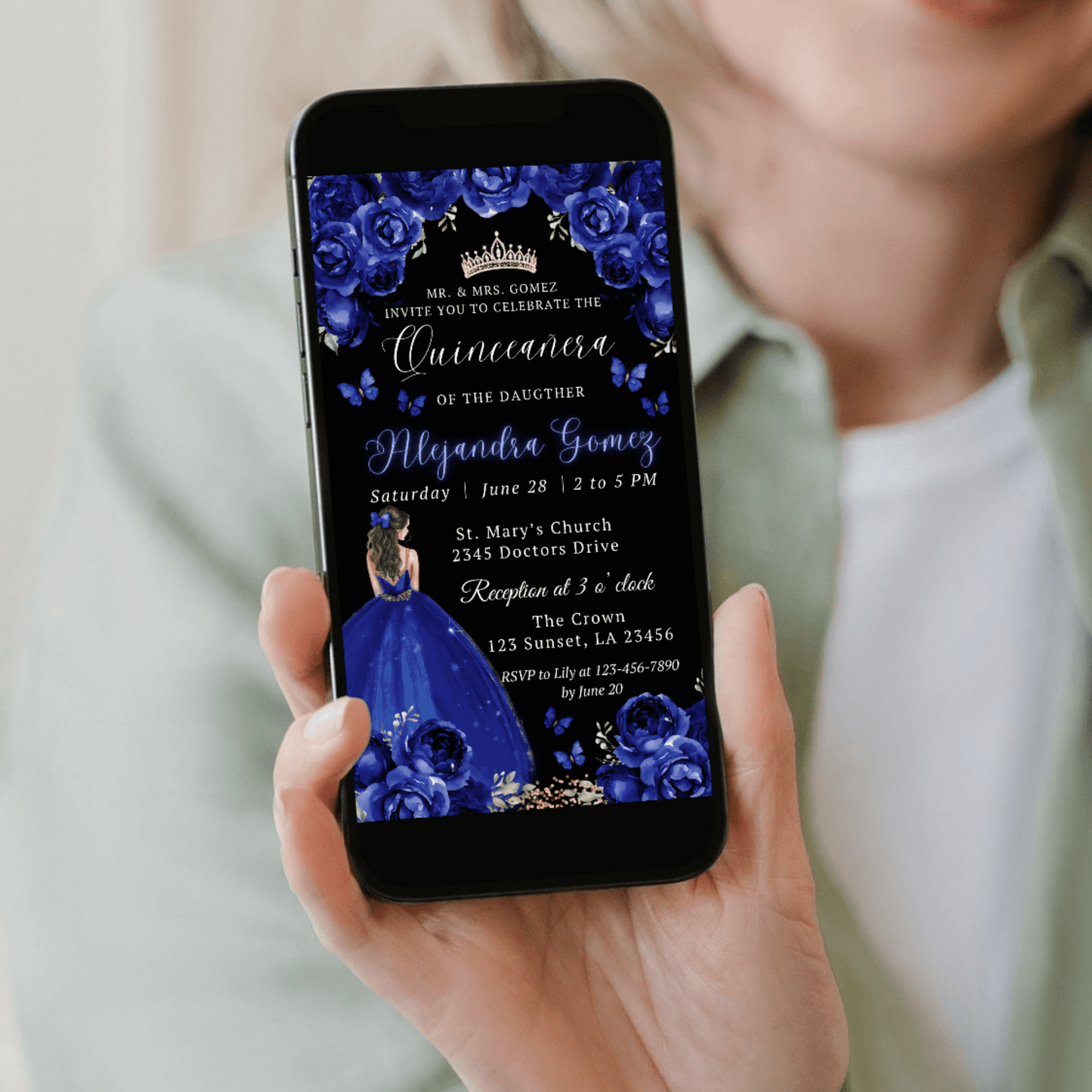 navy blue and gold quinceañera invitation for instant download