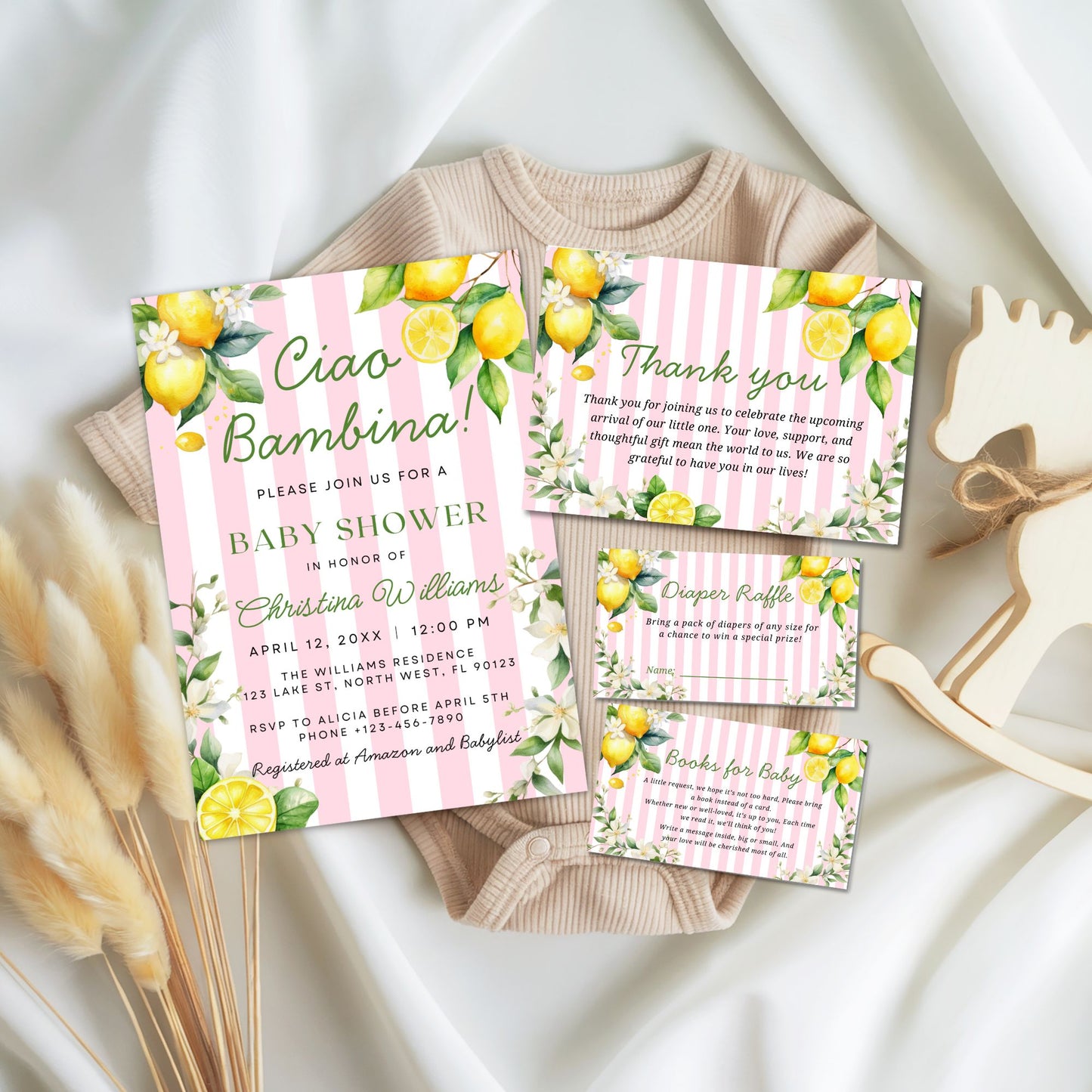 Pink Citrus Lemon Ciao Bambina Baby Shower Invitation Set