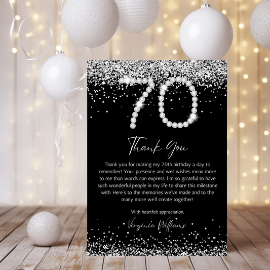 Black and Silver Diamonds 70th Birthday Thank You Card with elegant design and pearls celebrating a milestone.