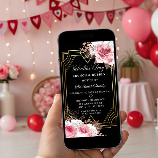 Art Deco Pink Floral Brunch and Bubbly Invite