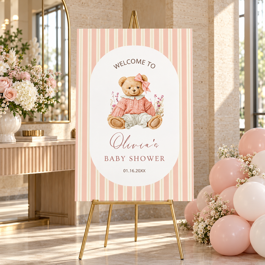 Pink Teddy Bear Baby Shower Welcome Sign Template featuring a teddy bear and soft blush stripes.