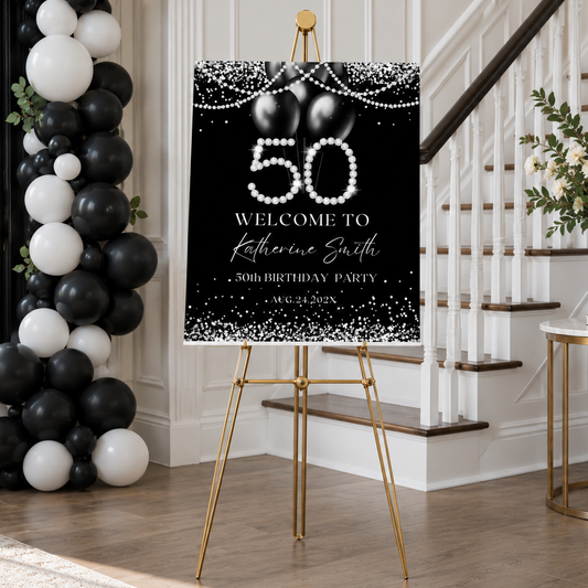 Elegant Silver Diamond 50th Birthday Welcome Sign