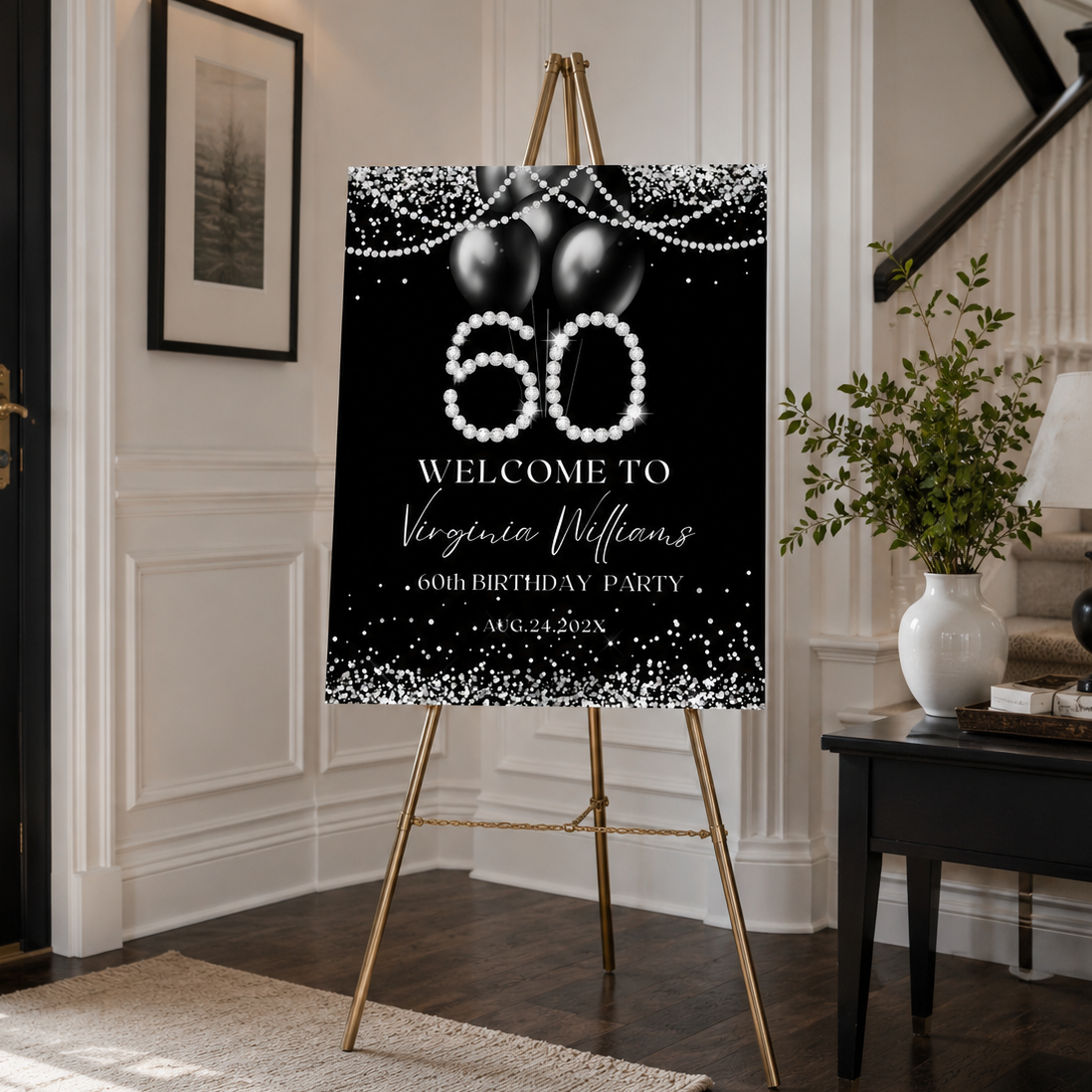Elegant Silver Diamond 60th Birthday Welcome Sign