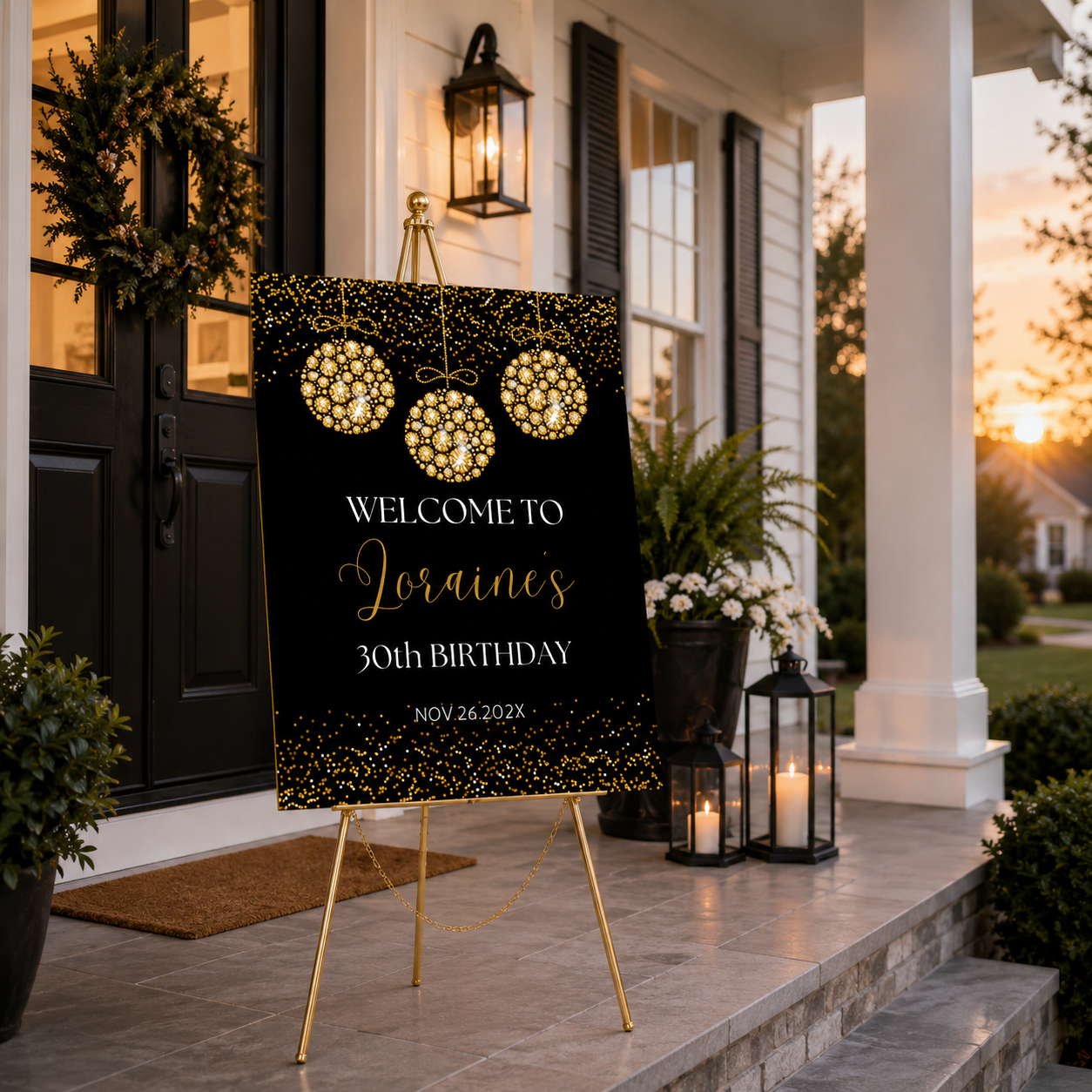 Elegant Gold Diamonds Welcome Sign Template displayed at a home entrance for a birthday celebration.