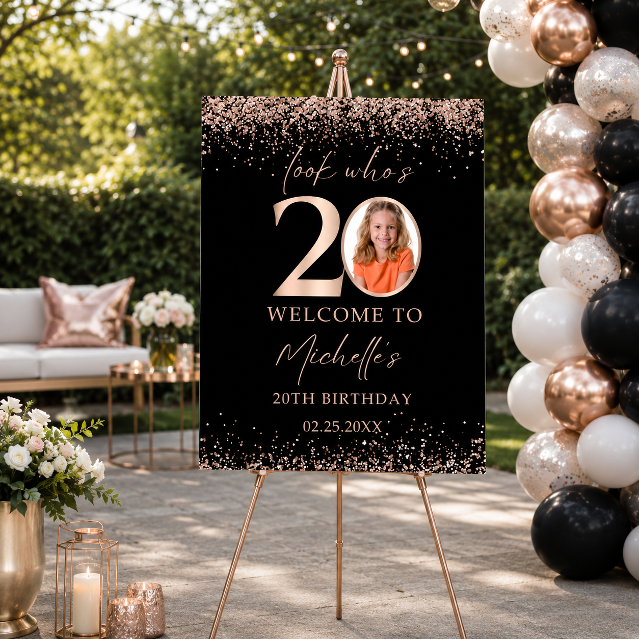 Editable Look Who’s 20 Photo Birthday Poster featuring rose gold confetti design and personalized photo area.