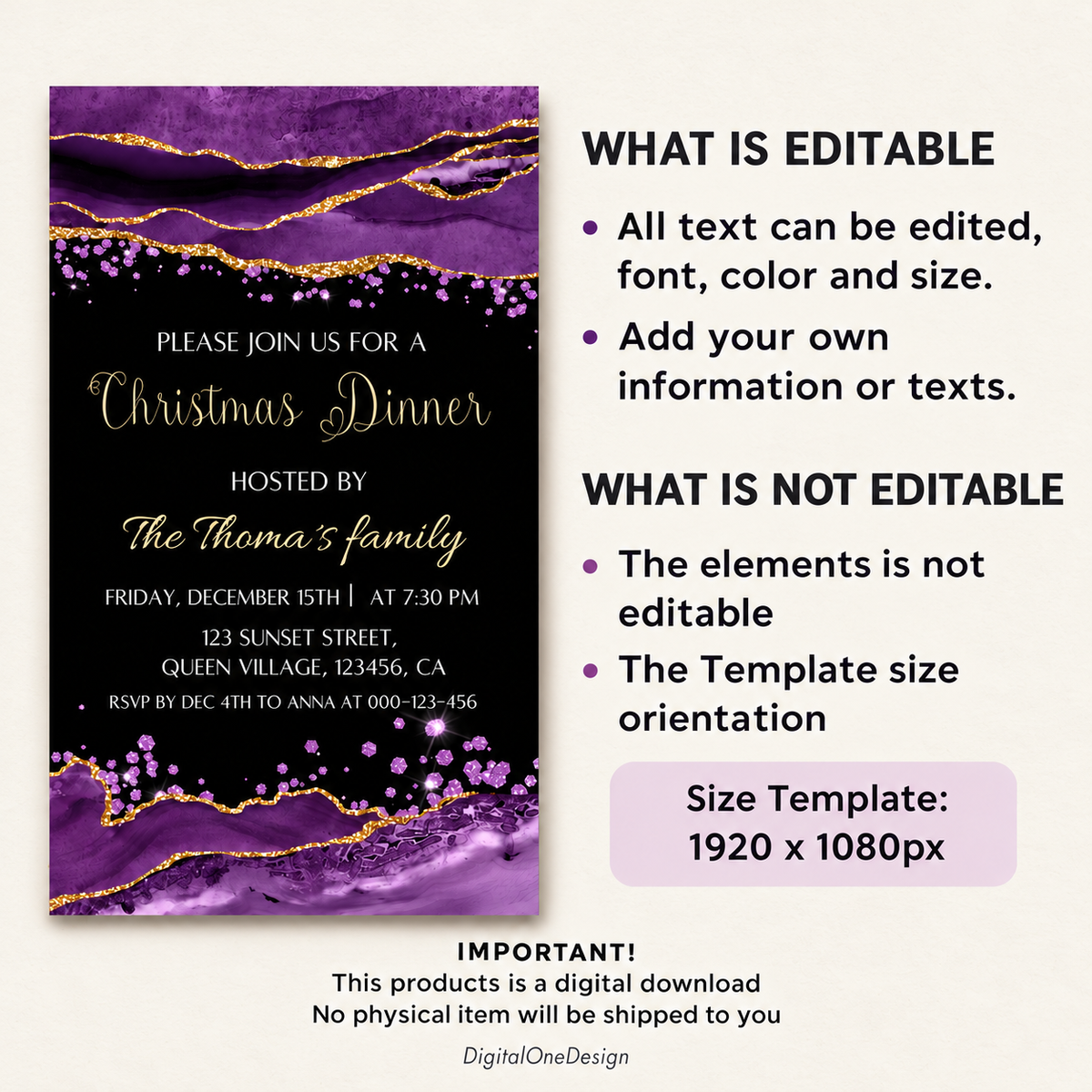 Purple Agate Christmas Dinner Invitation Template showcasing elegant design with editable text and details.