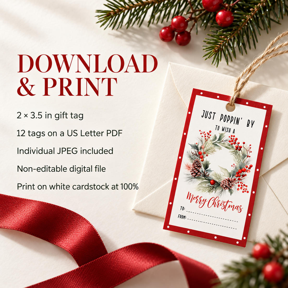 Just Poppin’ By Christmas Gift Tag | Printable Wreath Tag