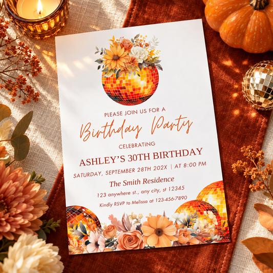 Fall floral disco ball birthday Party Invitation featuring vibrant flowers and a disco ball design.