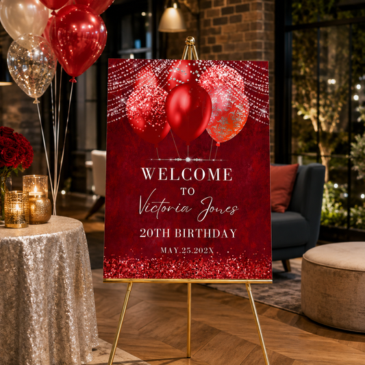 Elegant Red Balloons Birthday Party Welcome Sign Template displayed at a stylish birthday celebration.