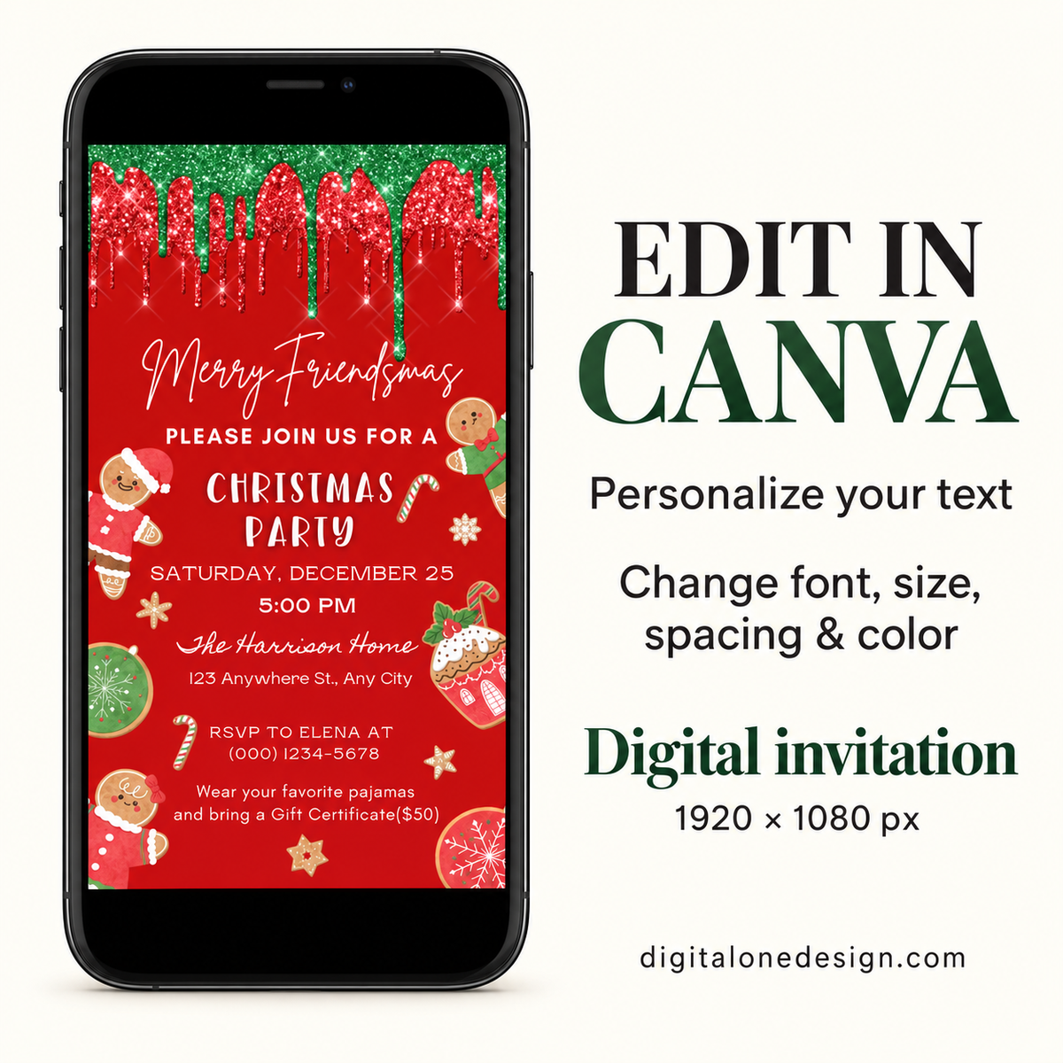 Gingerbread Friendsmas party invitation displayed on a phone, featuring festive design details and customization options.