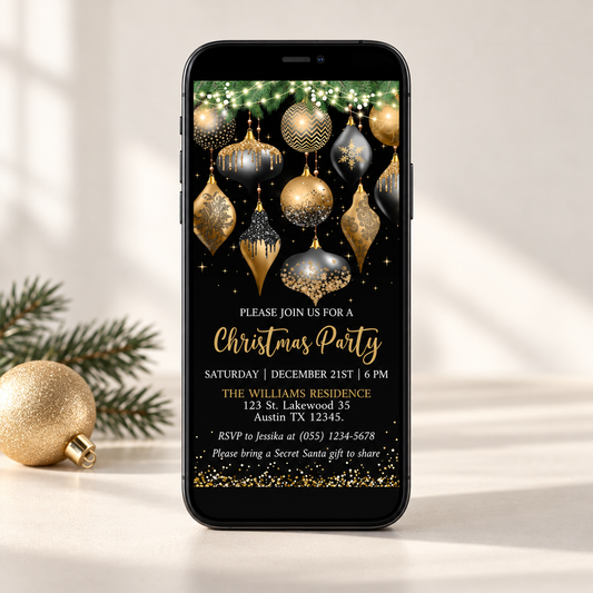 Elegant Black and Gold Holiday Party Invitation Template showcasing Christmas party details and festive ornaments.