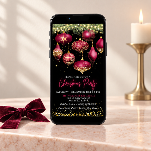 Burgundy & Gold Christmas Party Invitation displayed on a smartphone with festive ornaments and RSVP details.