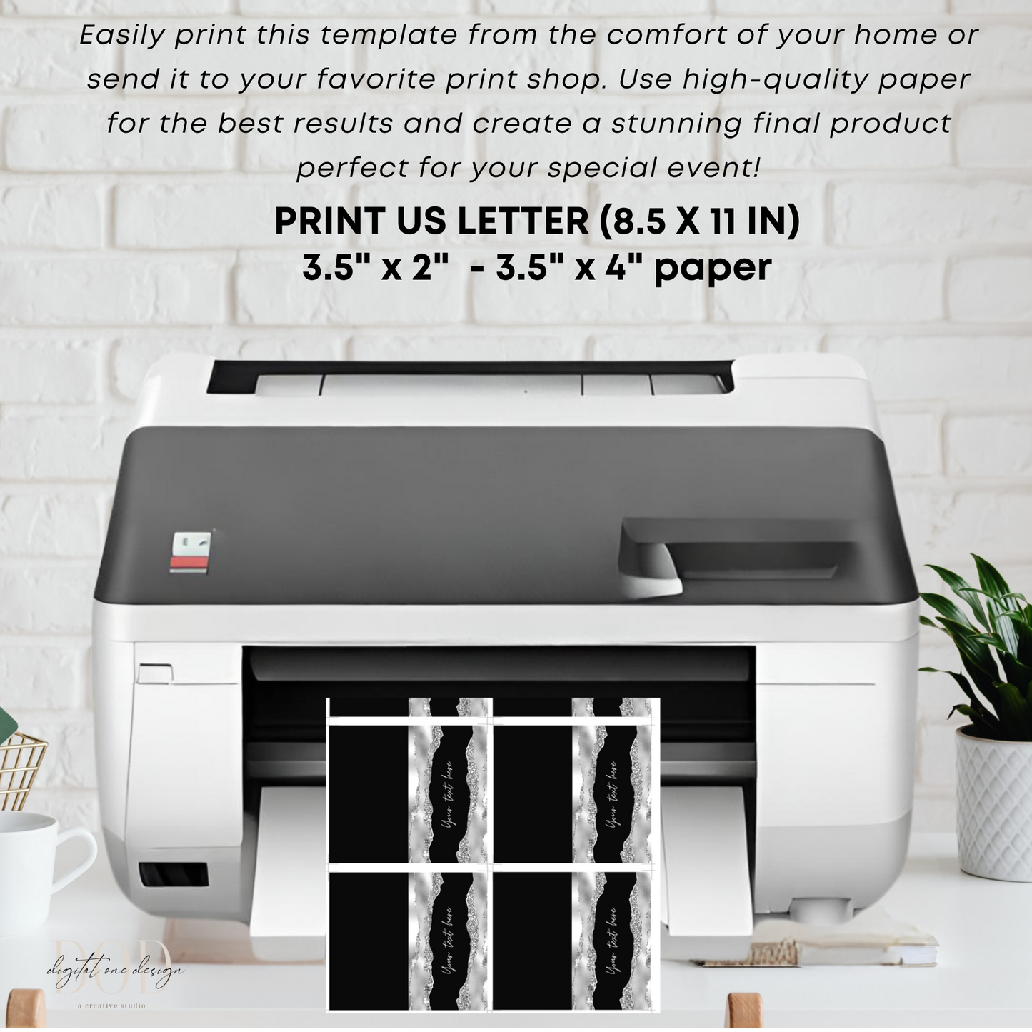 Printer with printed paper on a desk against a white brick wall