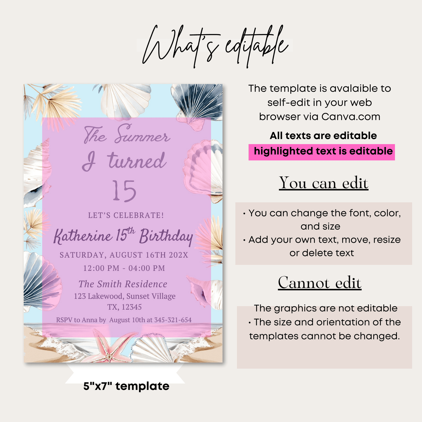 Editable Coastal Shell Birthday invitation Template