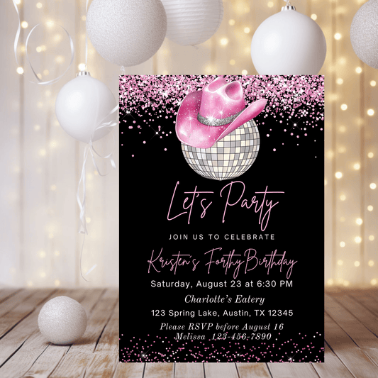 Pink Rodeo Western Hat and Disco Ball Birthday Invitation