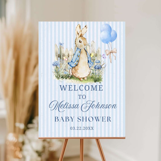 Editable Blue Peter Rabbit Baby Shower Boy Welcome Sign, party decoration