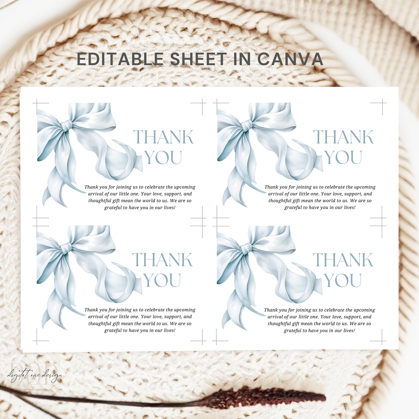 Sheet with 'Thank You' text and blue ribbons on a textured surface