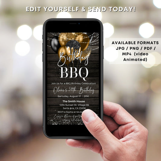 Rustic Black and Gold Backyard BBQ Party Evite Template