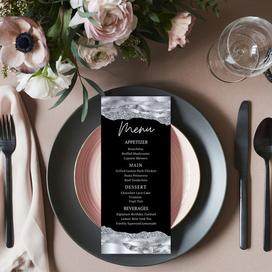 Silver & Black Editable Birthday Menu Card Template