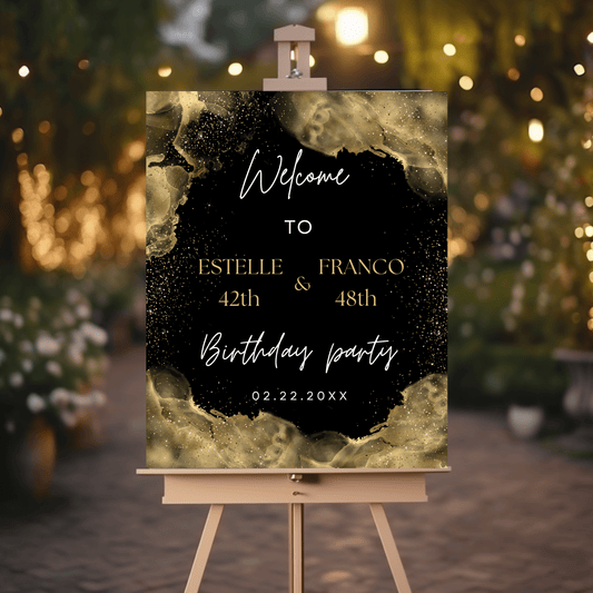 Black and Gold Joint Birthday Party Welcome Sign