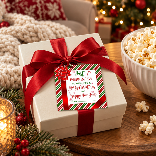 Just Poppin' By Christmas Popcorn Gift Tag Printable on a festive gift box with red ribbon in a cozy holiday setting.