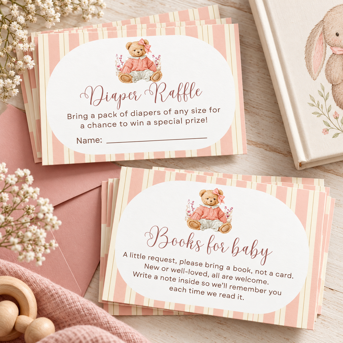 Pink Teddy Bear Baby Shower Invitation Bundle